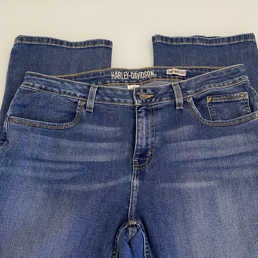 Harley-Davidson Women 32 (ACT35) Petite Blue Curvy Boot Cut Jeans Stretch Moto